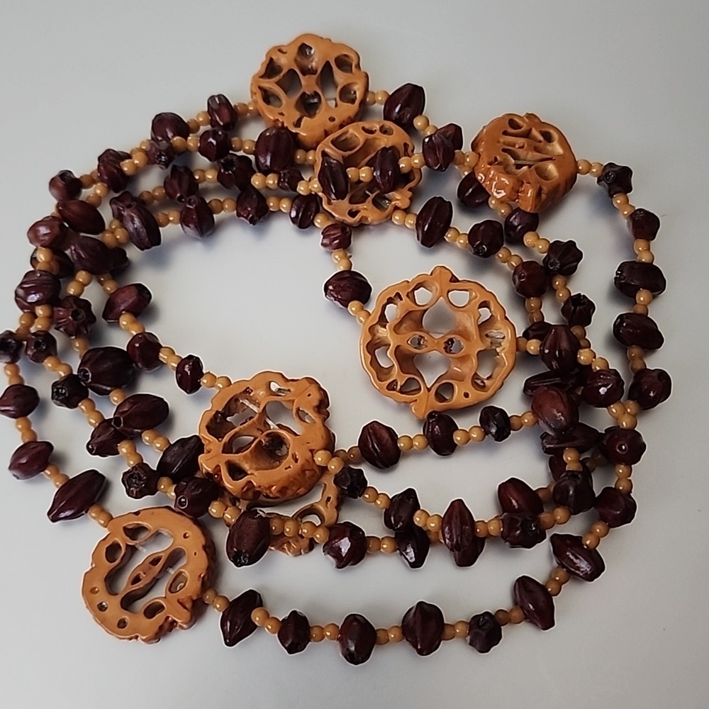 Vintage Polished Walnut Seed Bead Necklace, Hand Carved  Boho Hippie